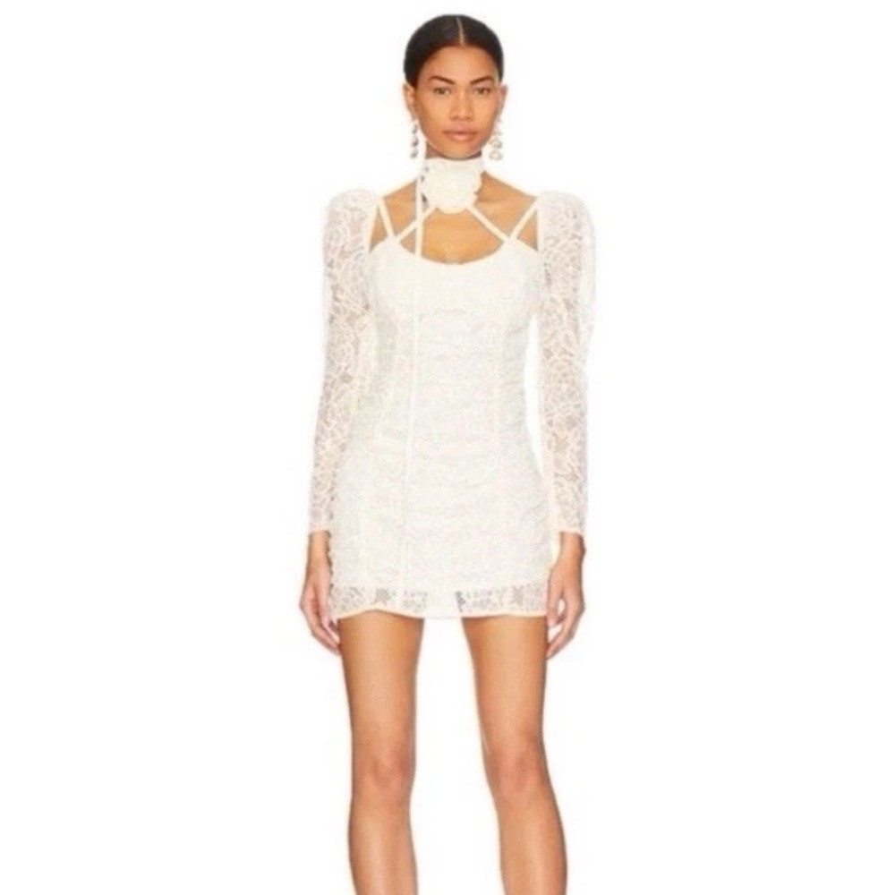 For Love & Lemons Bridal Belladonna Lace Rosette Mini Dress Ivory White $279 NWT